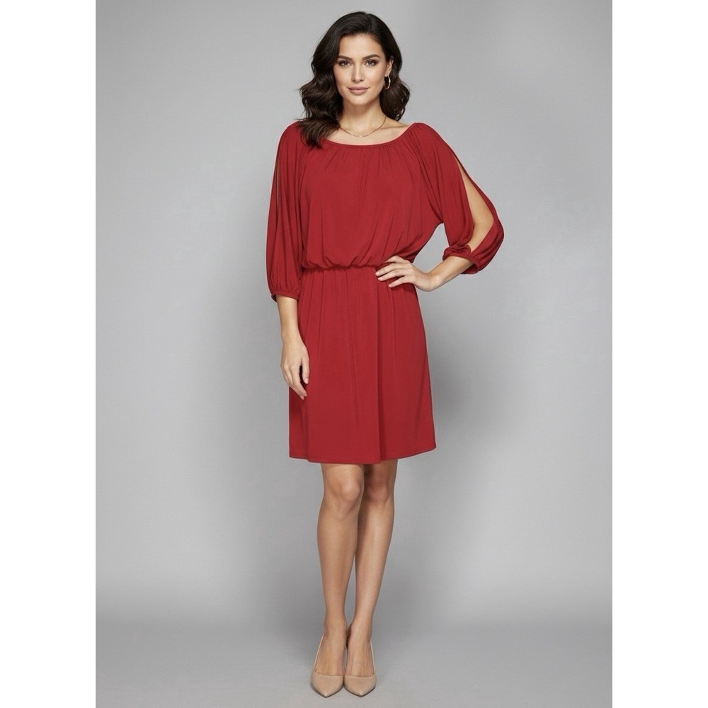 Maggy London Red Cold‎ Shoulder Blouson Dress Women's Size 8 3/4 Sleeve Stretch